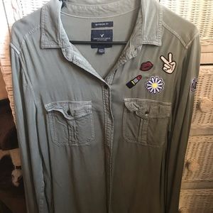 American Eagle Army Green BoyfriendFit Button down